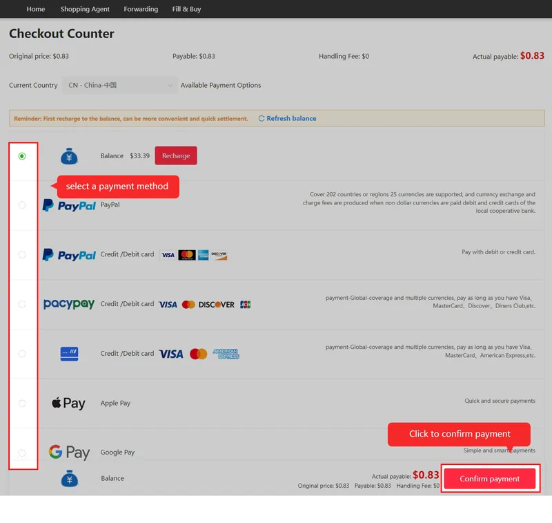 The official checkout counter with balance, PayPal and card payment options listed