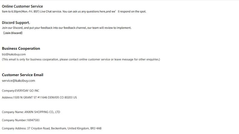 Official contact page listing chat hours, support email and two registered companies
