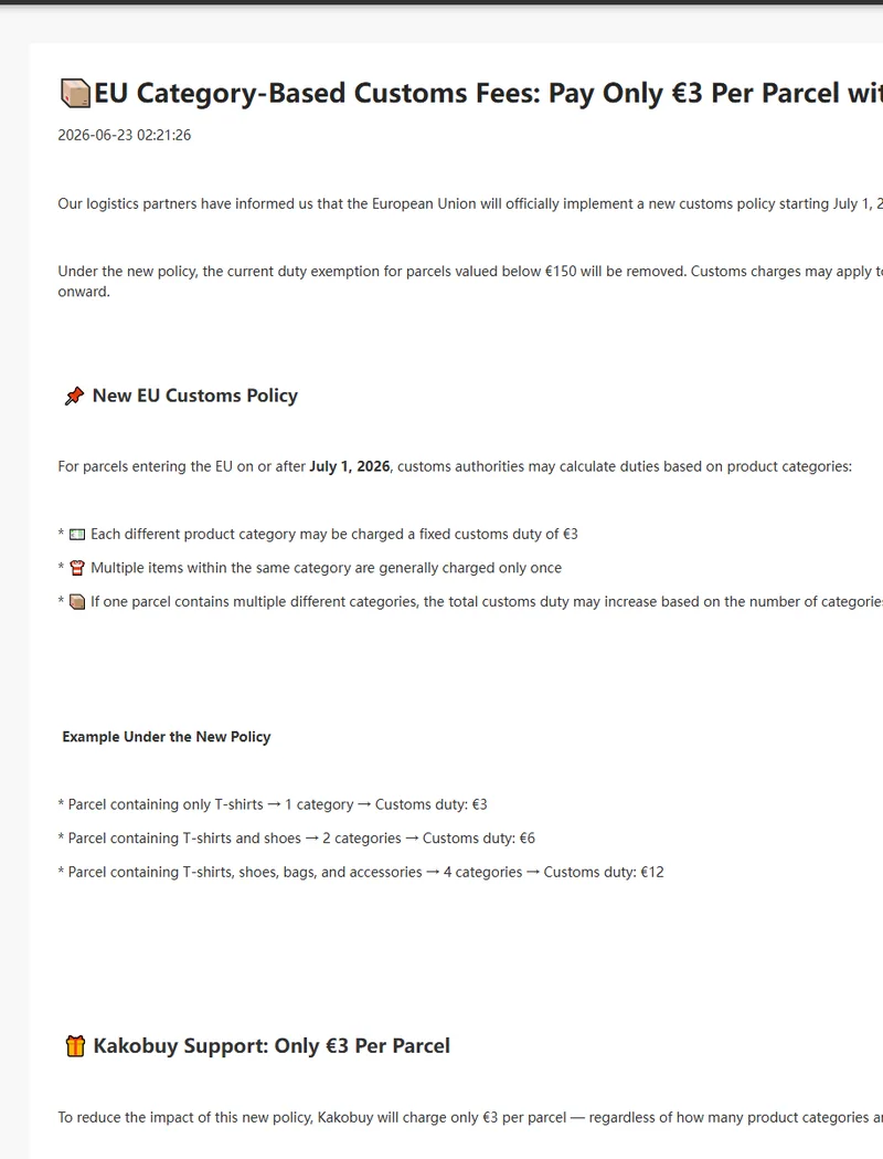 The official EU customs announcement explaining the three euro per parcel arrangement