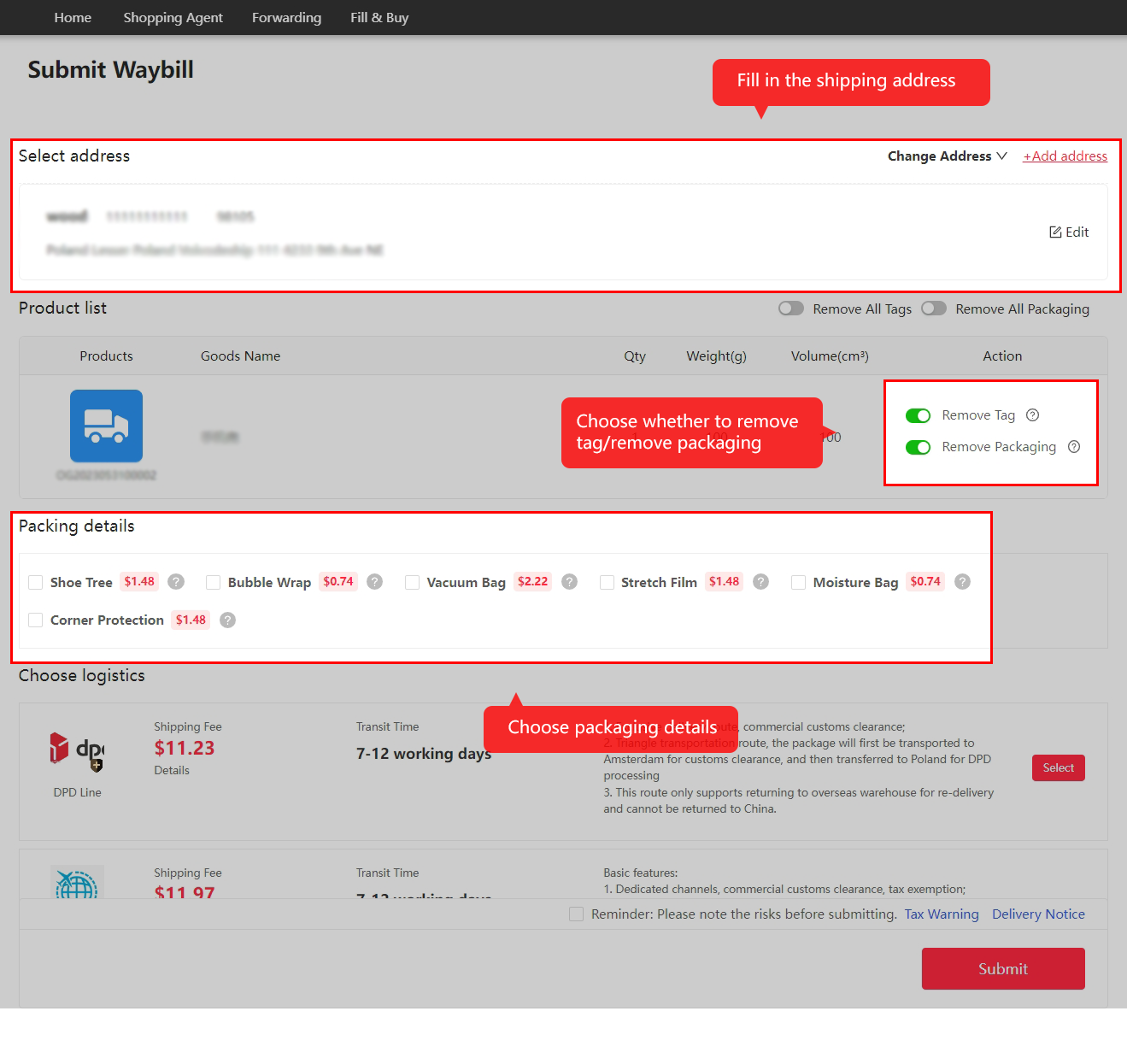 Enter the address and choose packing options