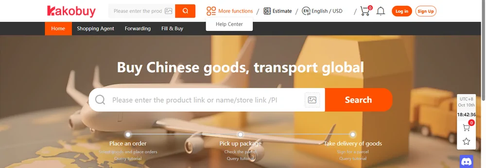 The site header with its language and currency switcher open above the hero banner