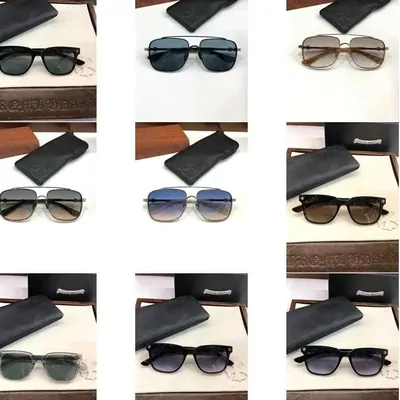 Nine pairs of sunglasses in different frame styles, displayed with cases