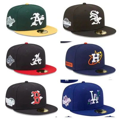 Fitted baseball caps with embroidered logos, laid out in a seller's grid