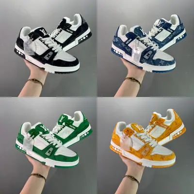Low-top trainers in blue and green colourways shown from several angles
