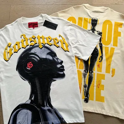 A printed white tee with a large graphic across the chest