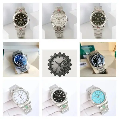 A tray of wristwatches with different dial colours and steel bracelets