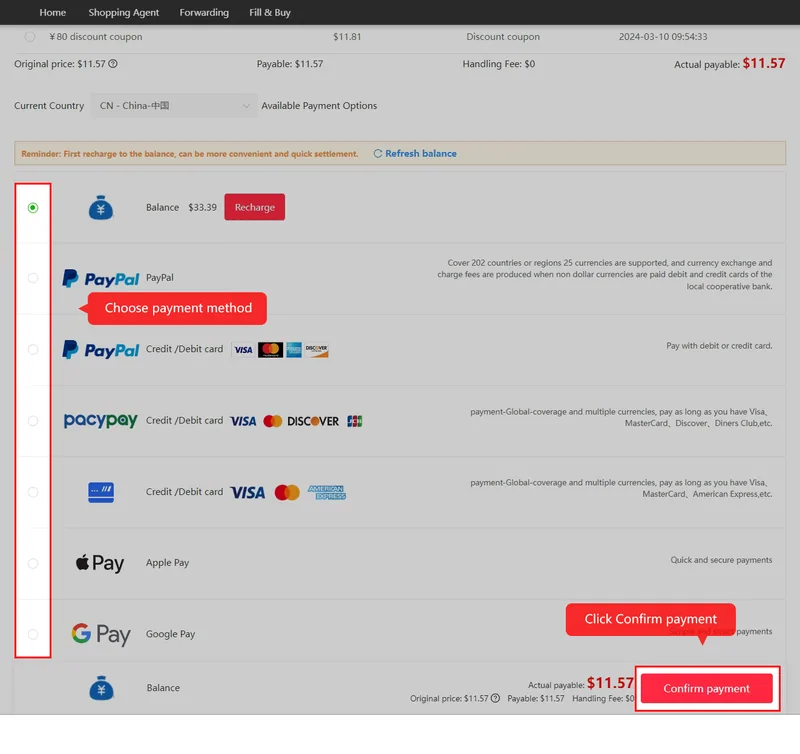 The parcel checkout with a discount coupon row applied above the payment method list