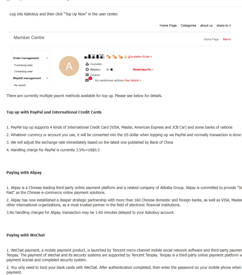 The official recharge help article with the member centre screenshot and PayPal fee lines