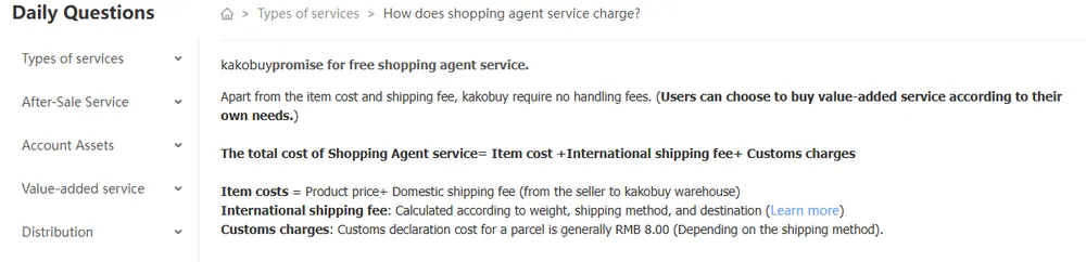 The official help centre fee article with the cost formula and declaration charge