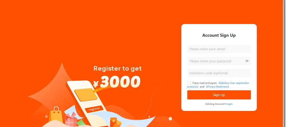 The Kakobuy registration page with promotional artwork on the left and the sign-up form on the right