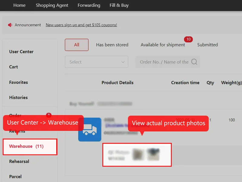 The user centre sidebar and warehouse list with QC picture thumbnails highlighted