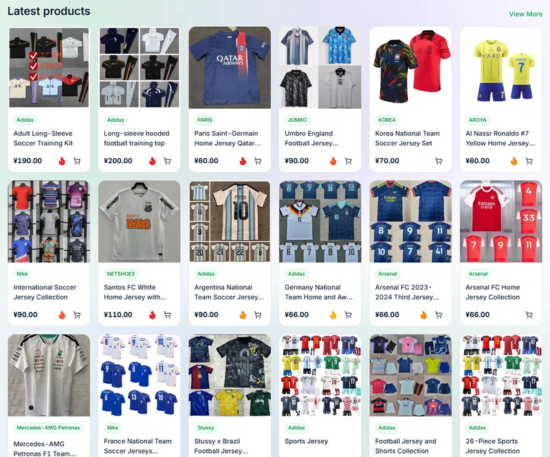A live catalogue category page with priced jersey listings and category navigation