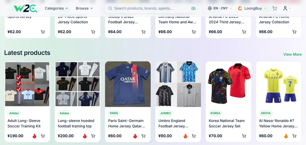 A catalogue category page showing jersey listings with prices and category navigation