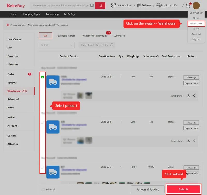 Official tutorial screenshot of the warehouse list with items selected for parcel submission