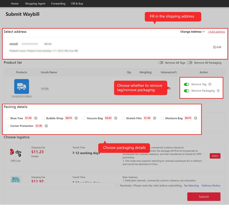 Official tutorial screenshot of the waybill screen with packing add-ons and route choice